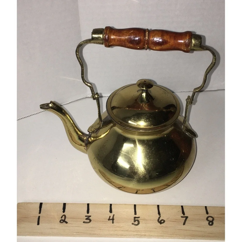 Vintage Decorative Use Only Collectible Brass Finish Tea Kettle With Wood Handle